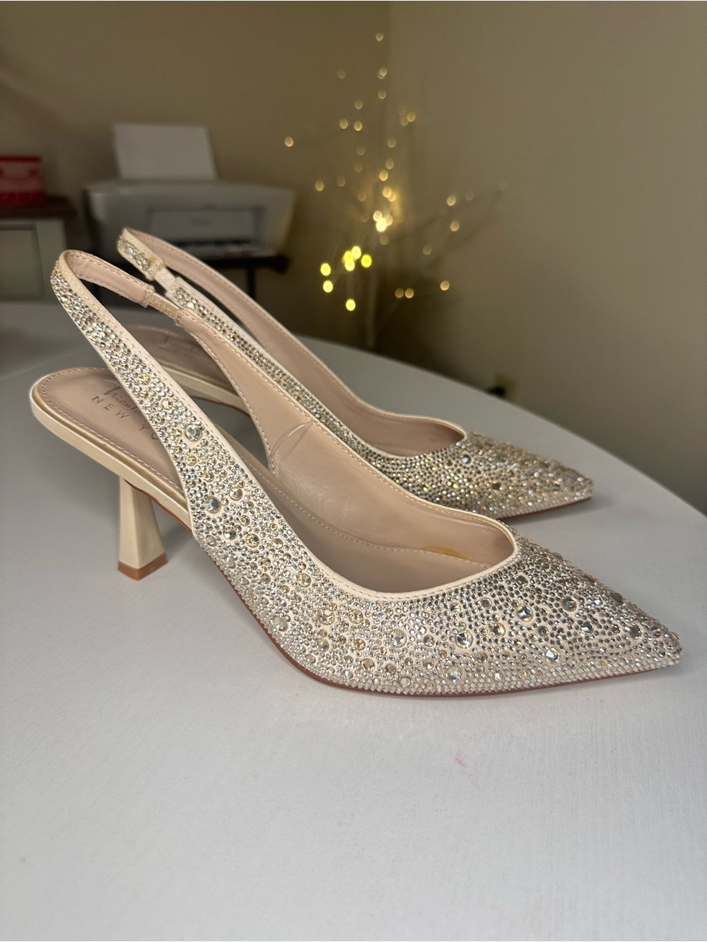 Nicole Miller Crystal-Embellished Nude Slingback Heels